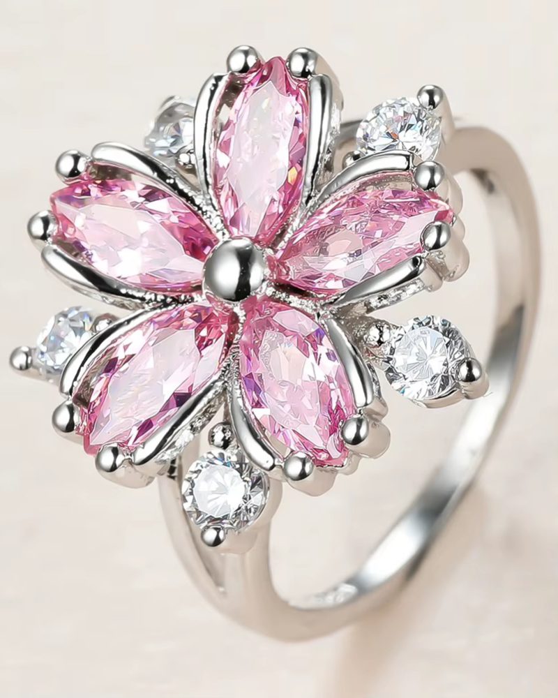 Cute Crystal Stone Silver Color Dainty Bride Flower Zircon Engagement Ring