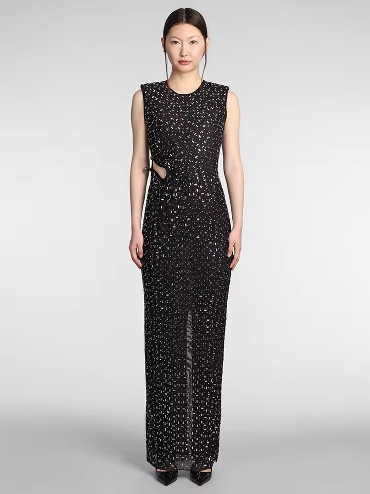 Elegant Crystal Sleeveless with Cut-Out Detail Sequin Zipper for Gala Evenings Maxi Dress