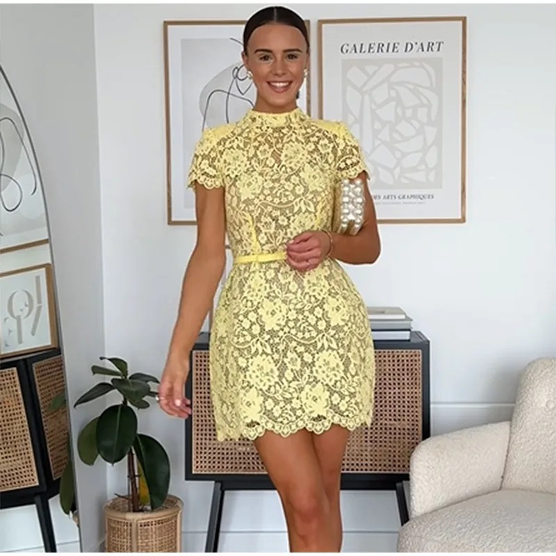 Elegant Halter Neck Short Sleeve O-neck High Waist Chic Butter Lace Print Mini Dress
