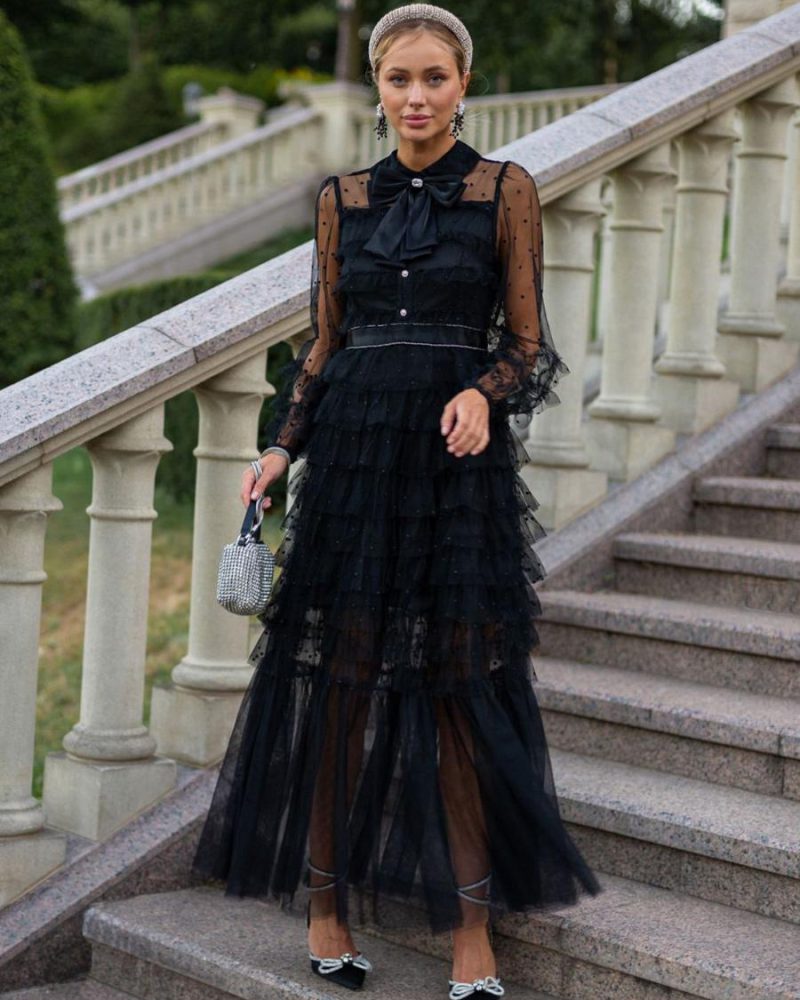 Elegant Long Sleeve Rhinestones Layering High Collar Bow Tie Polka Dot Party Maxi Dresses