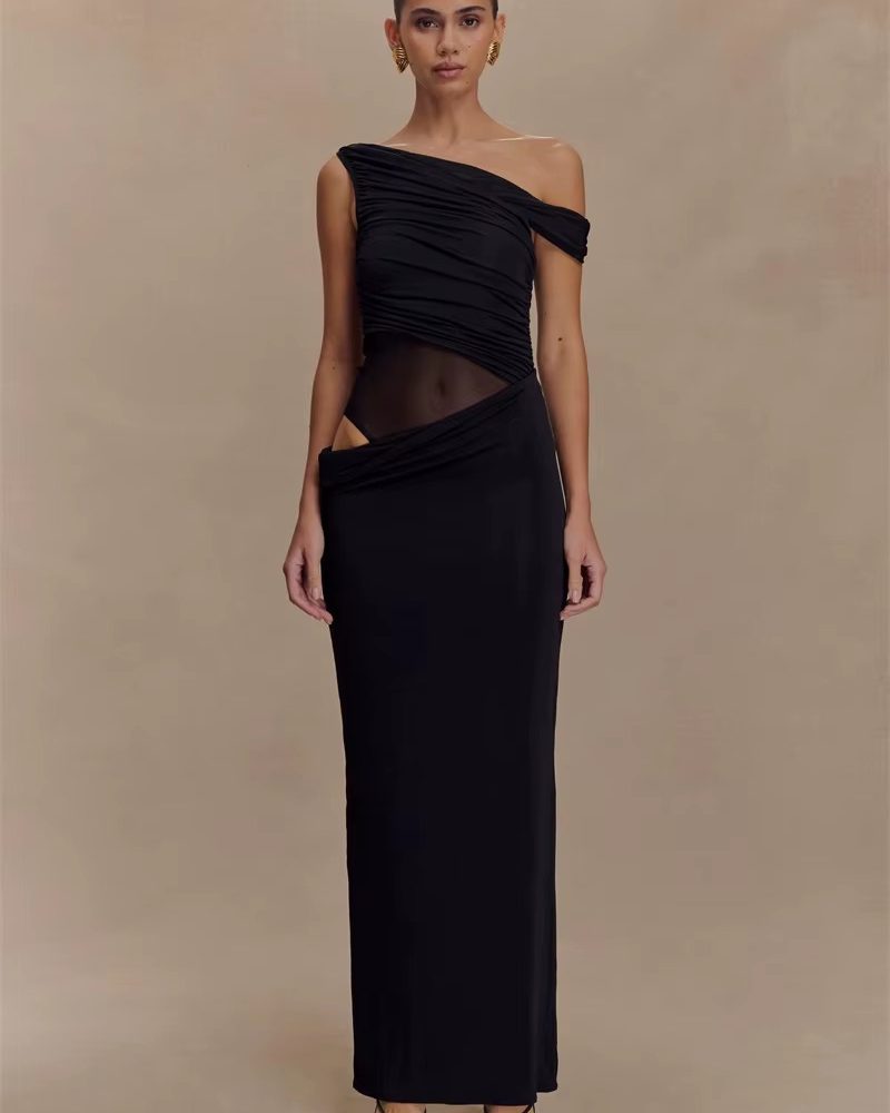 Elegant One Shoulder Slinky Backless Sleeveless Split Club Party Long Maxi Dress