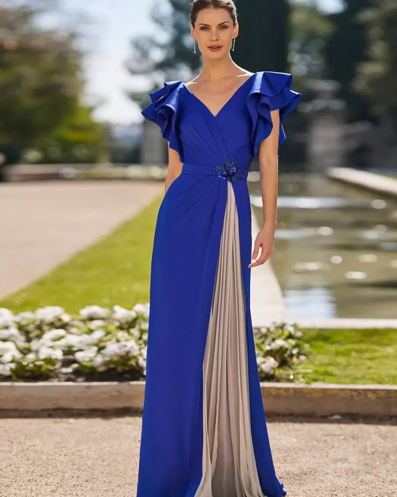 Elegant Pretty A-Line Floor-Length V-Neck Ruffles With Cocktail Chiffon Maxi Dress