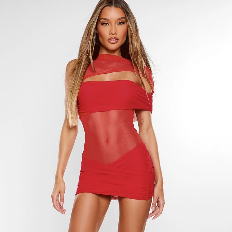 Elegant Round Neck Pullover Mesh See-Through Hollow Out Waisted Hip Wrap Mini Dress