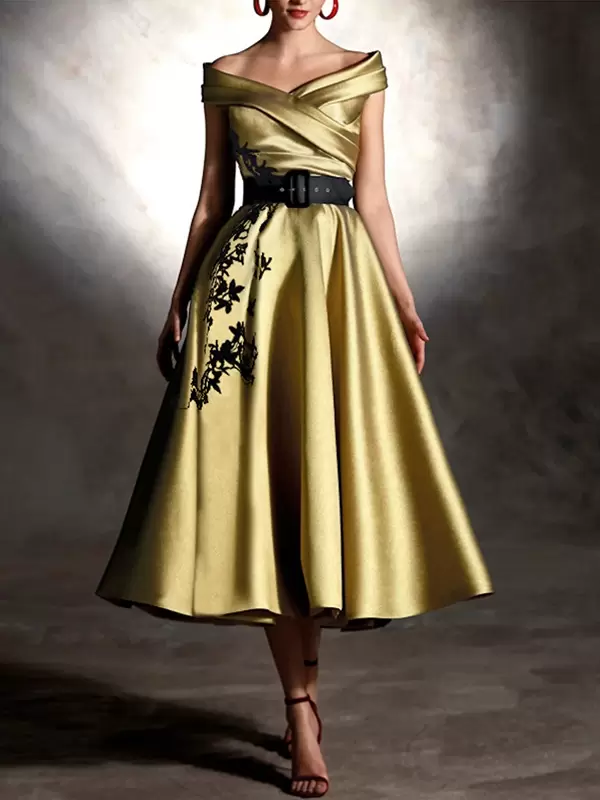 Elegant Satin Fabric Designed Neckline Ball Gown Short Sleeves Applique Party Prom Midi Dress
