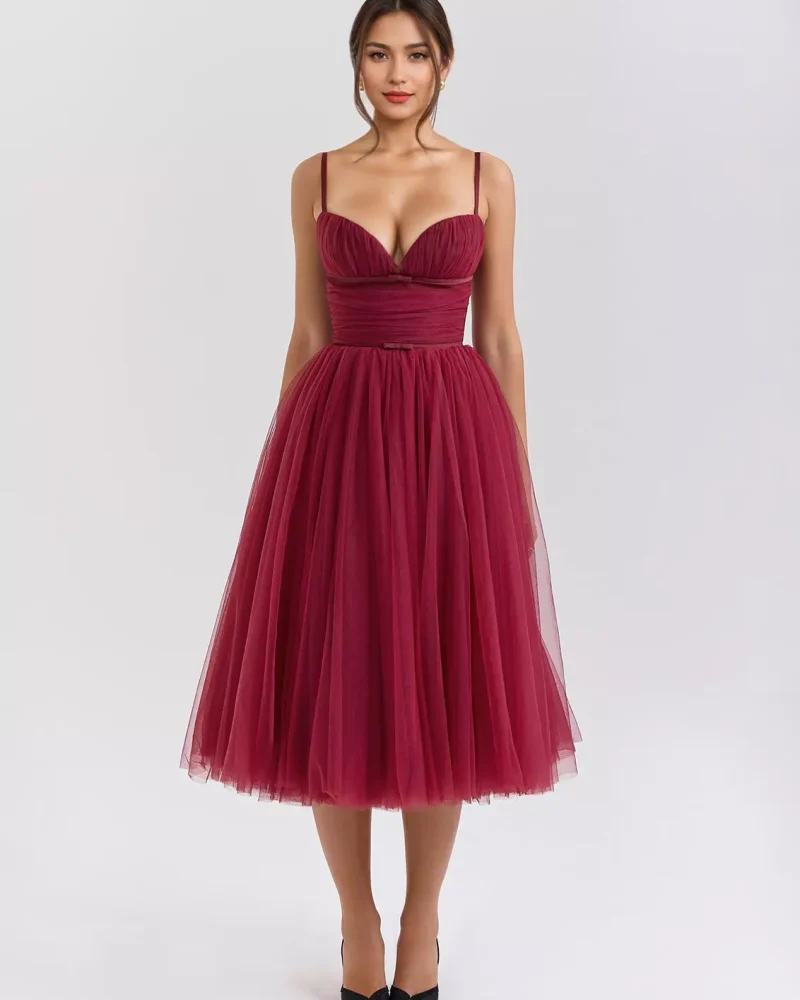 Elegant Sleeveless Spaghetti Straps Pleated A-Line Birthday Party Slip Sweet Tulle Midi Dress