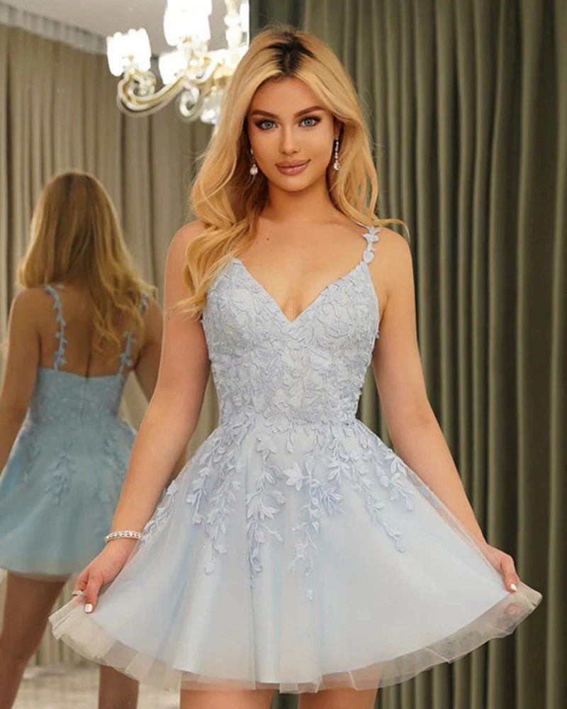 Elegant Spaghetti Strap Lace Appliques A-LINE Short Homecoming Cocktail Mini Dresses