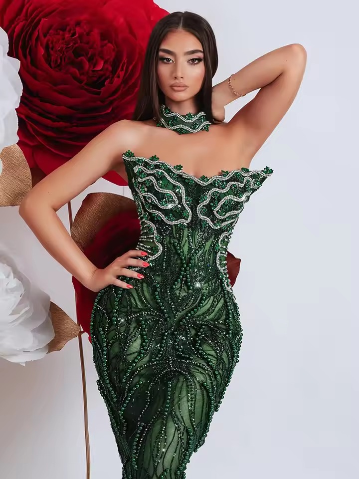 Elegant Strapless Solid Sleeveless Beaded Zipper Evening Party Maxi Dress