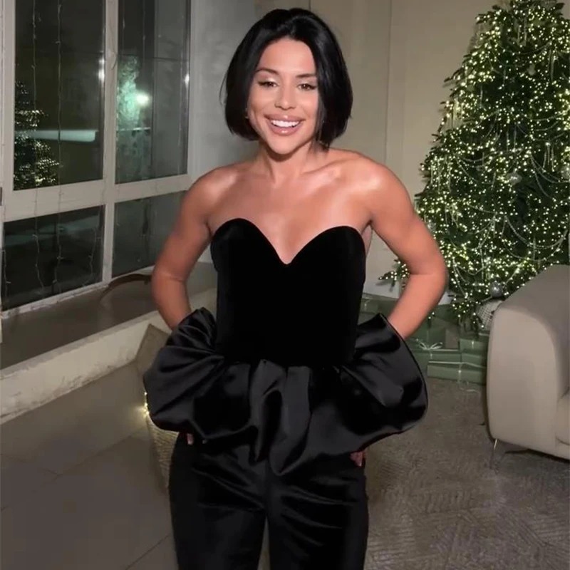 Elegant Velvet Patchwork Ruffled Sleeveless Backless Camisole Tank Top