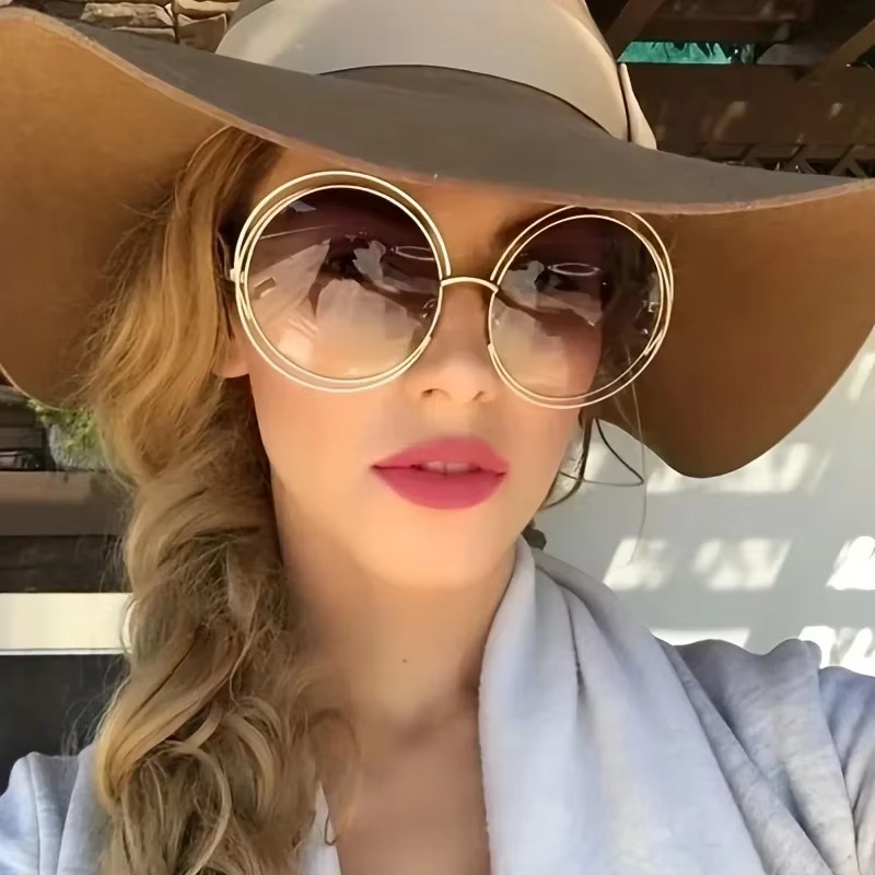 Gradient Lenses Stylish Retro Design Parties Events Oversized Round Metal Glasses