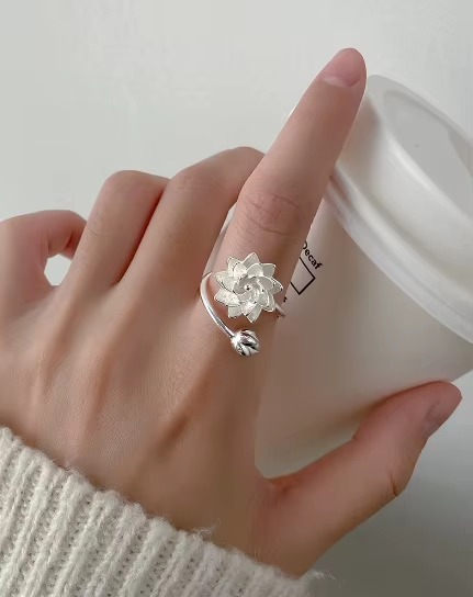 Luxury 925 Sterling Silver Lotus Flower Wedding Engagement Adjustable Rings