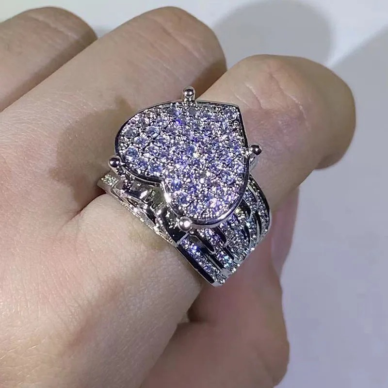 Luxury Full Zircon Big Heart Engagement Large Wedding Bands Bridal Rings