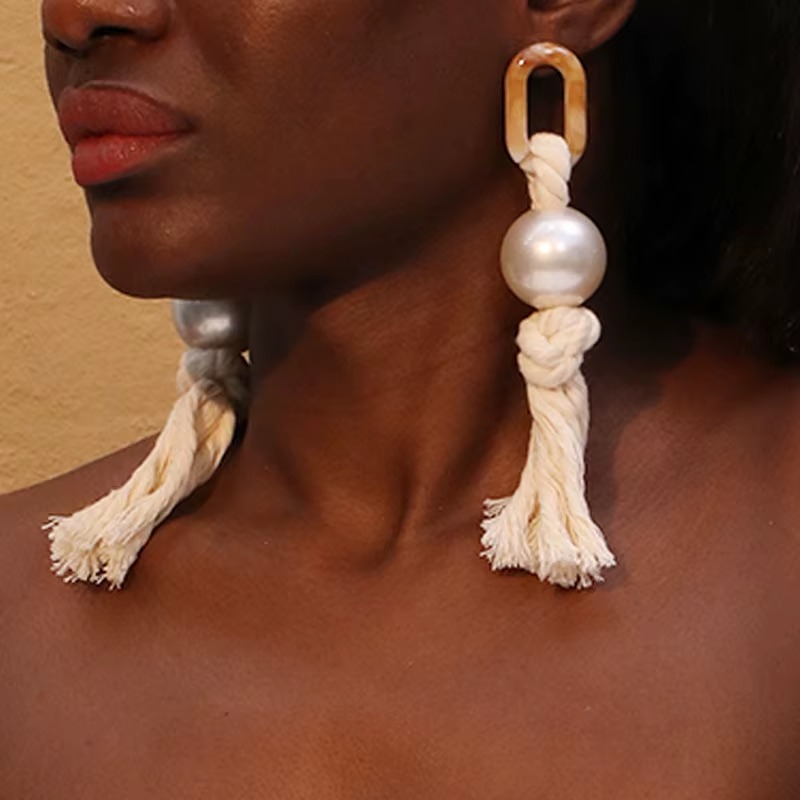 Pearl Exaggerated Handmade Wedding Party Statement Long Earrings