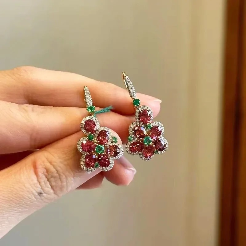 Silver 925 Inlaid Dazzling Pastoral Style Showy Gem Flower Small Exquisite Sweet Earrings