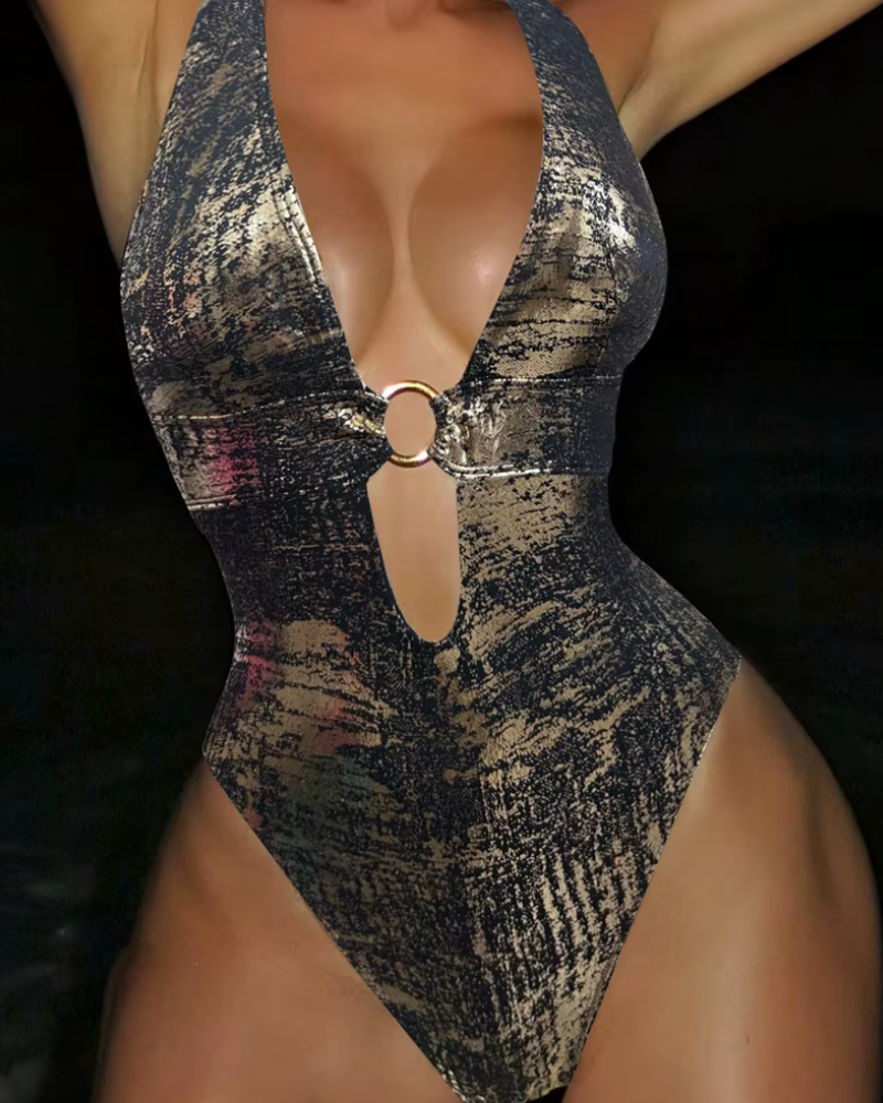 Vintage Deep V Neck High Cut Leg Backless One Piece Swimsuit Swimwear