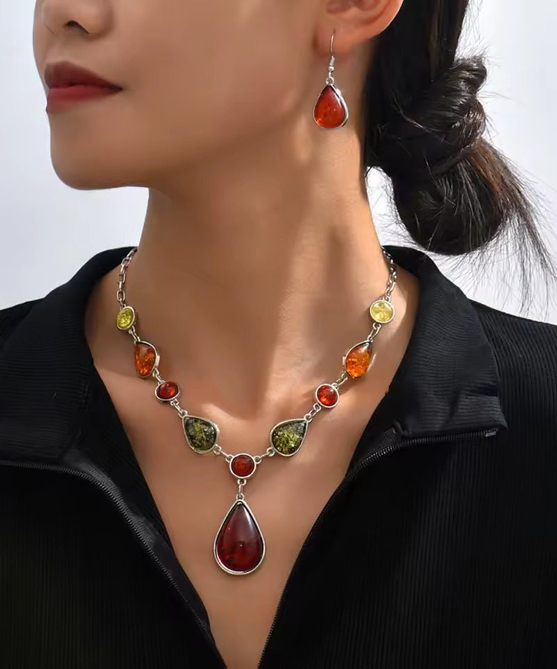 Vintage Geometric Square Water Drop Pendant Necklace Earring Sets