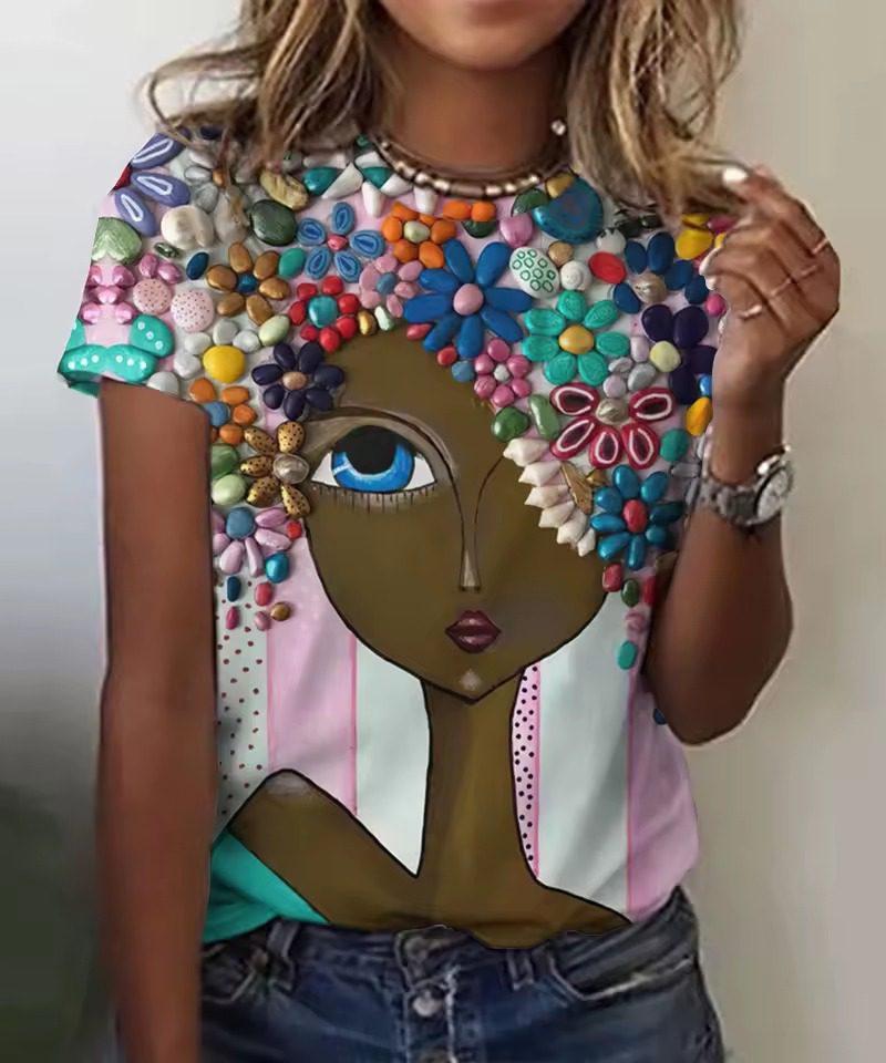 3d Floral Face Painting Colorful Beautiful Short Sleeve Tees Oversized Clothing