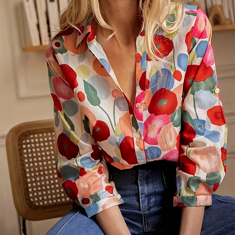 Bohemian Floral Print Lapel Long Sleeve Blouses Casual Loose Single-Breasted Top