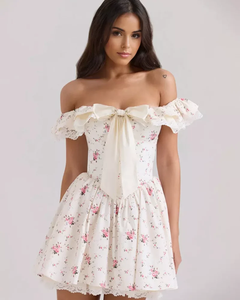 Bohemian Off Shoulder Floral With Bow Detail Mini Dress