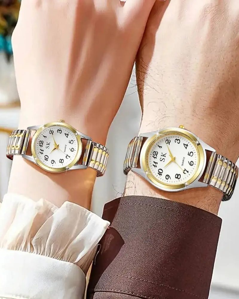 Casual Alloy Elastic Strap Couple Quartz Watches 2PCS Set Without Box