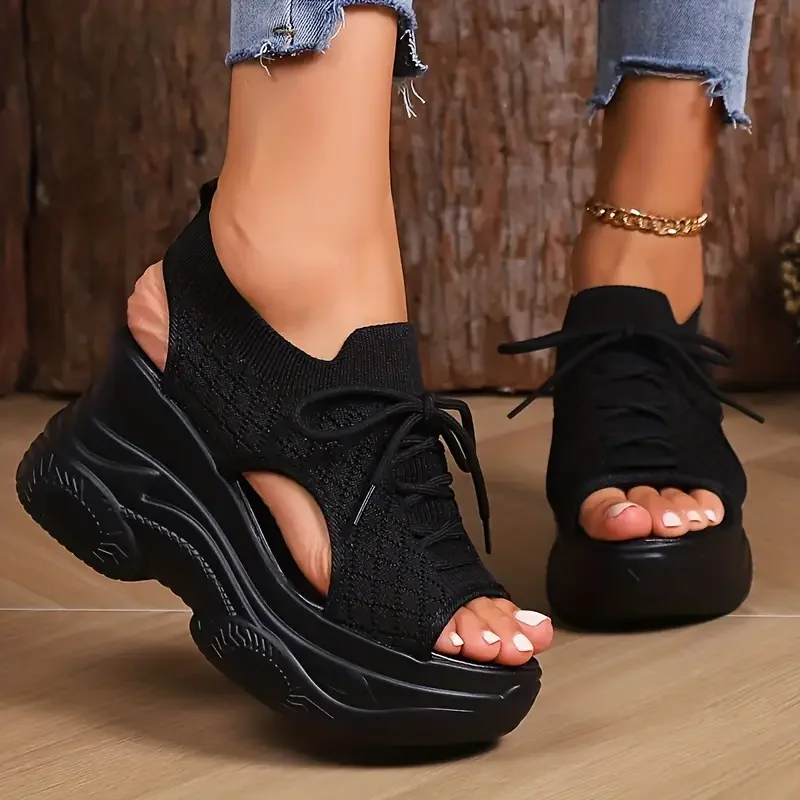 Casual Comfortable Non-Slip Thick-Soled Lace-Up Round-Toe Wedge Shoes