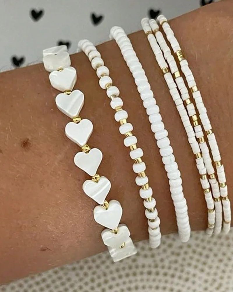 Casual Delicate White Bead Heart & Shell Handmade Beaded Elastic Multi-Layer Bracelets 6pcs Set