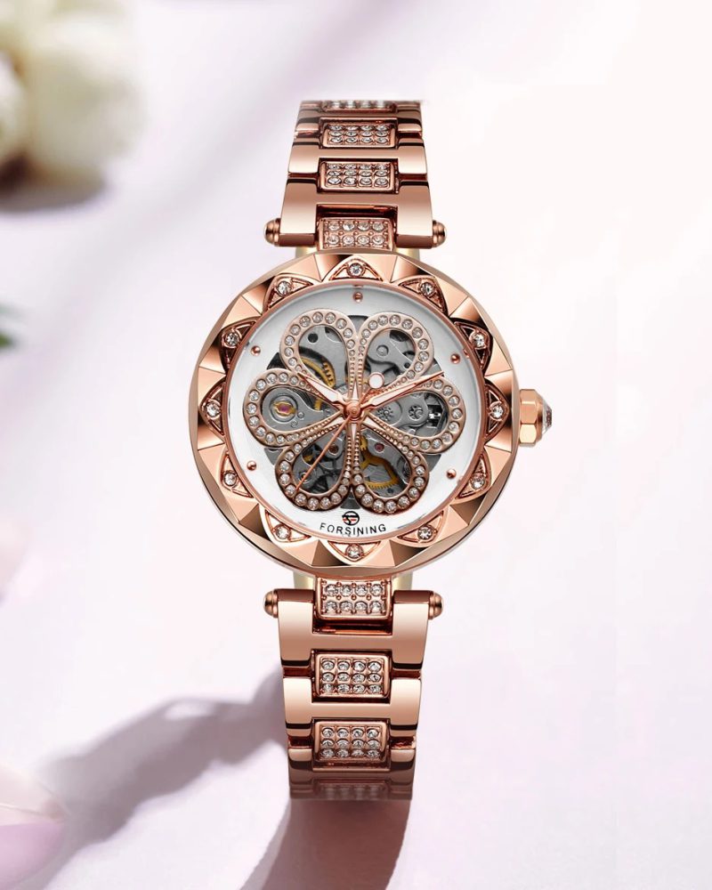 Casual Diamond Automatic Mechanical Luminous Hands Stainless Steel Strap Forsining Skeleton Watch