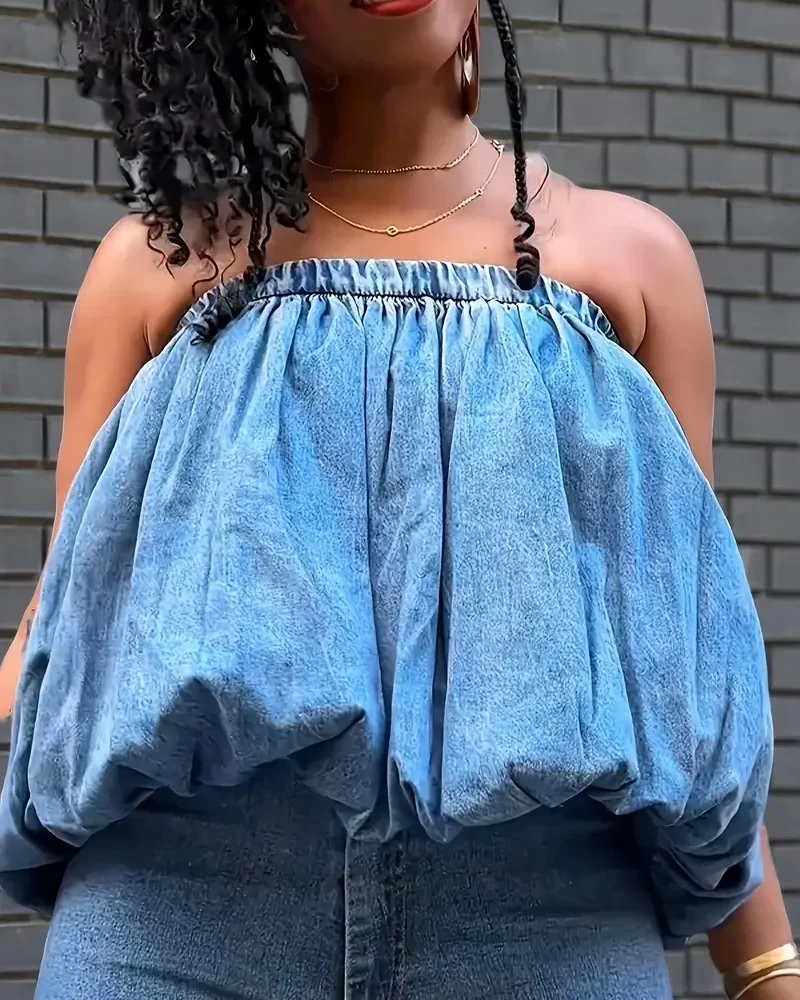 Casual Elastic Balloon Hem Ruffled Details Sleeveless Non-Transparent Beachwear Denim Top