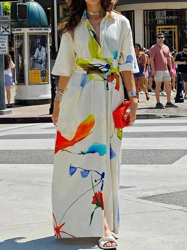 Casual Elegant Half Sleeve Button Down Tie Waist Printed Maxi Shirt Dress