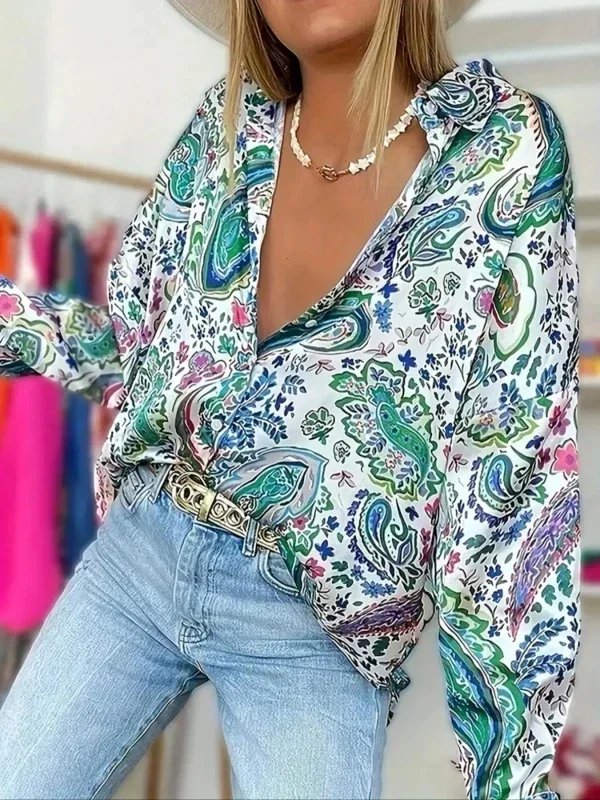 Casual Floral Print Long Sleeve Button Front Boho Shirt Blouse