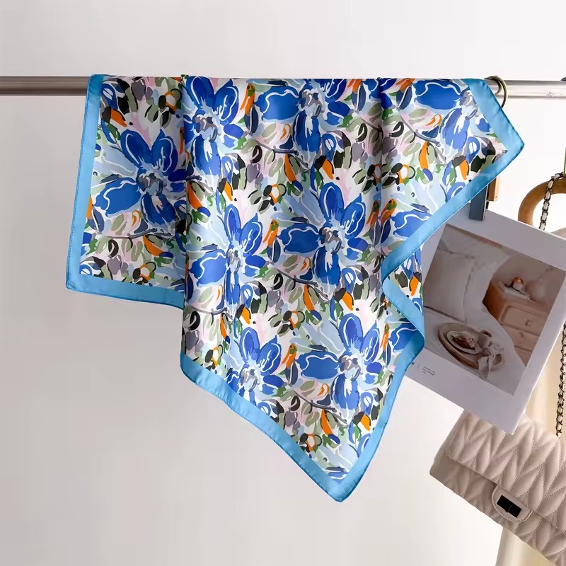 Casual Flower Print Square Thin Breathable Neck Windproof Head Wrap Hair Scarves Silk Scarf