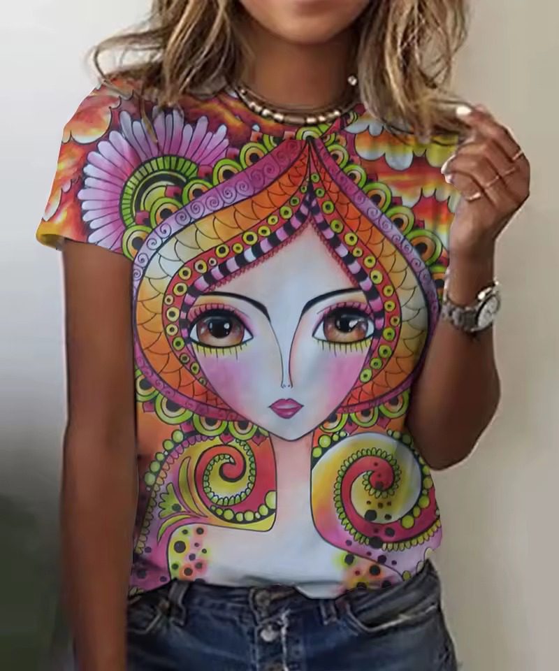 Casual Girls Face Painting Beautiful Short Sleeve 3d Floral T-Shirts
