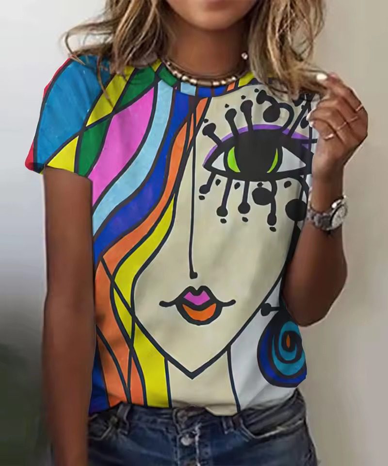 Casual Girls Face Painting Beautiful Short Sleeve Tees T-Shirts