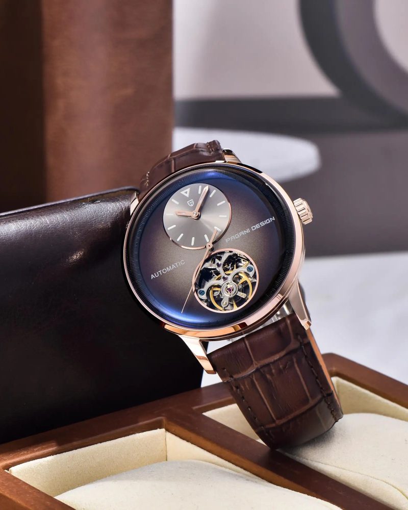 Casual Mechanical Watch Automatic Movement Tourbillon Stainless Steel 100m Waterproof PU Leather Strap Watch