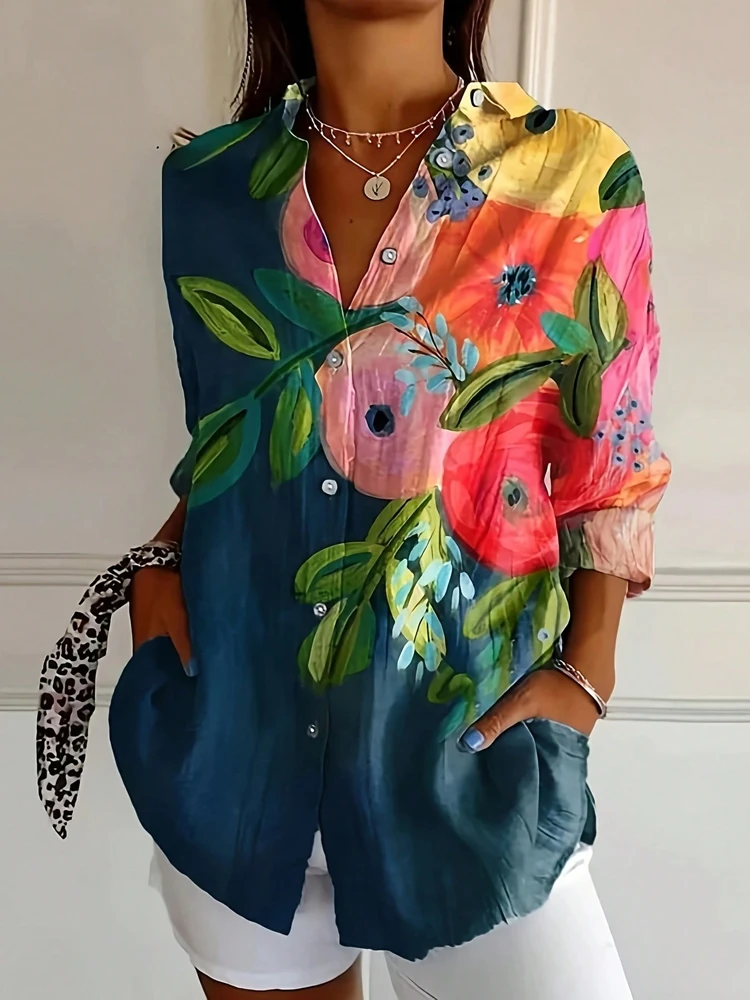 Casual Printing Single Breasted Flip Neck Floral Tops
