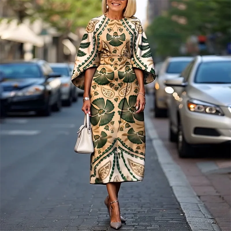 Casual Retro Bohemian Flare Sleeve Print O Neck High Waist Party Dress