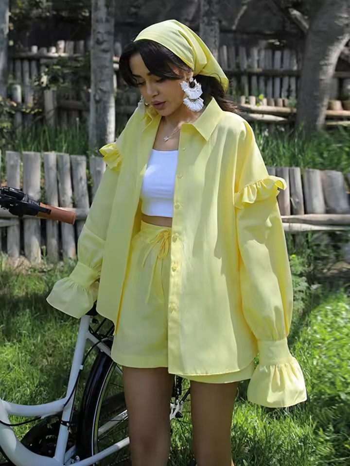 Casual Ruffle Long Sleeve Button Lapel Lace Up Shirt Shorts Suit