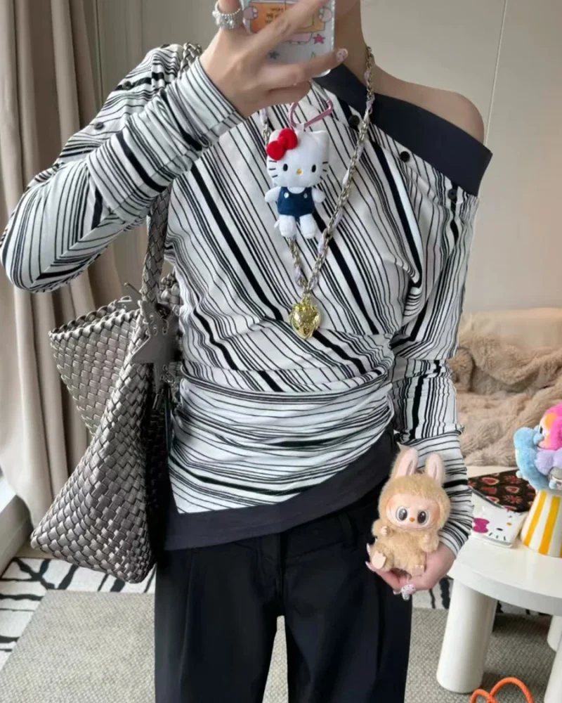 Casual Slash Neck Long Sleeve Tunic Temperament Irregular T Shirt