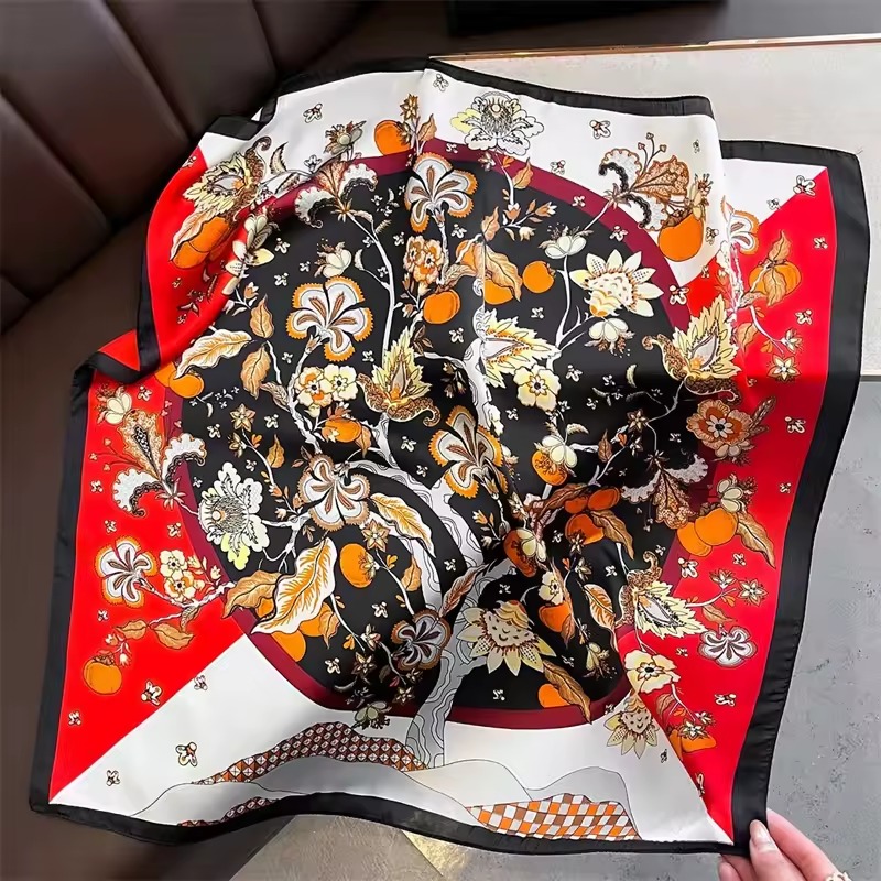 Casual Square Print Thin Breathable Neck Windproof Head Wrap Hair Scarves Silk Scarf