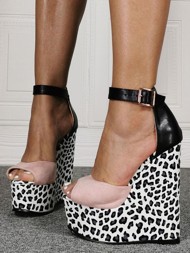 Classic Peep Toe Slip-On Leopard Print Rave Club Wedge High Heel