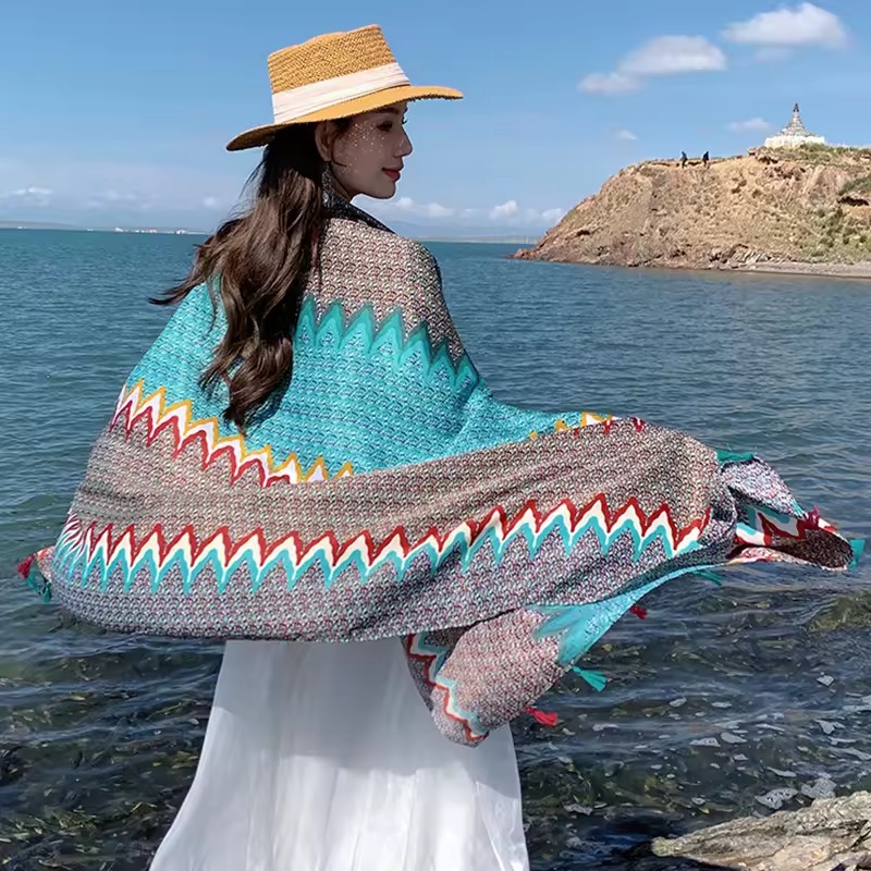 Casual Sunscreen Cotton Design Seaside Holiday Beach Towel Beachwear Long Scarves Shawls