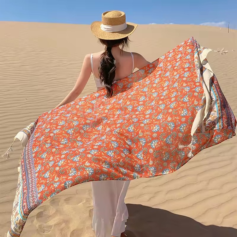 Elegant Sunscreen Cotton Design Seaside Holiday Beach Towel Beachwear Long Scarves Shawls