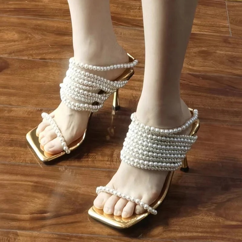 Classics Pearl Decoration Square Toe Shallow Thin High Heels Sandals