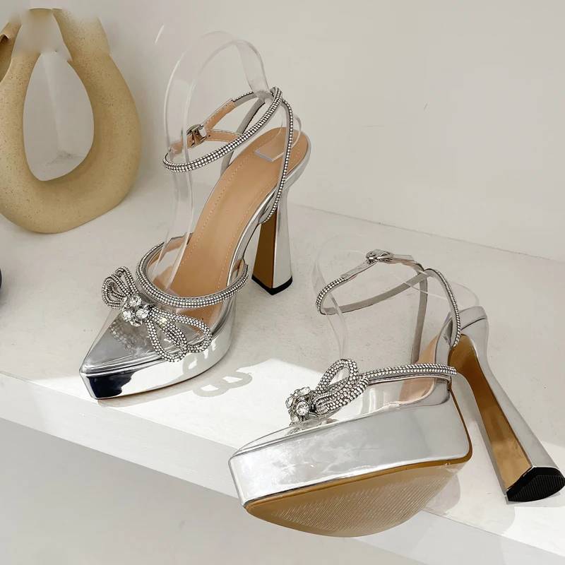 Crystal Pointed Toe Butterfly-knot PVC Transparent Platform Chunky High Heels Pumps - Image 3