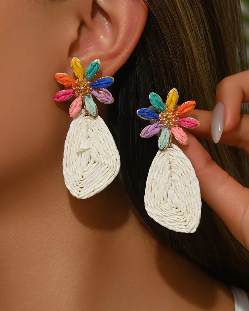 Elegant Bohemian Stylish Daisy Flower Geometric Raffia Rattan Knit Beach Earrings