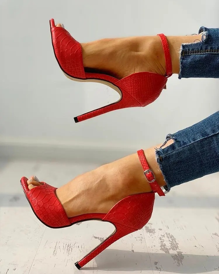 Elegant Buckle Snake Pattern Ankle Strap Peep Toe Super High Heel Pumps - Image 10