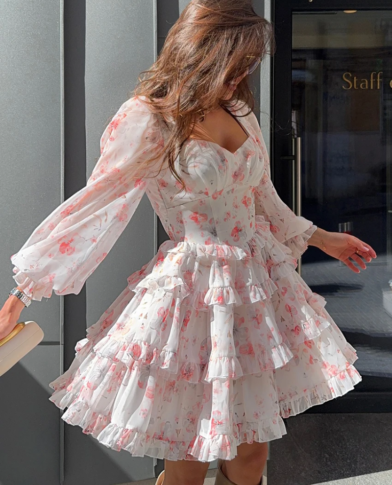 Elegant Classic High Waist Pleated V-Neck Long Sleeve Mini Dresses