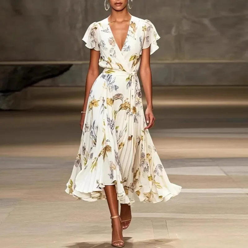 Elegant Floral Print Ruffles A-Line Short Sleeve Boho Long Dresses