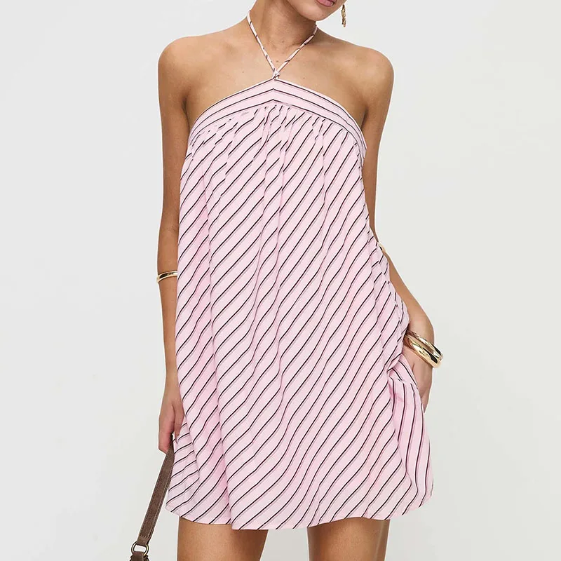 Elegant Hollow Out Backless Sleeveless Lace Up Stripe Print Halter Party Beach Casual Dress