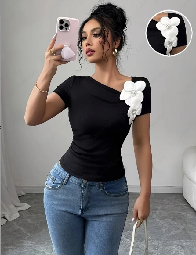 Elegant Leisure High-end Lady Short Sleeve Flower T-shirt