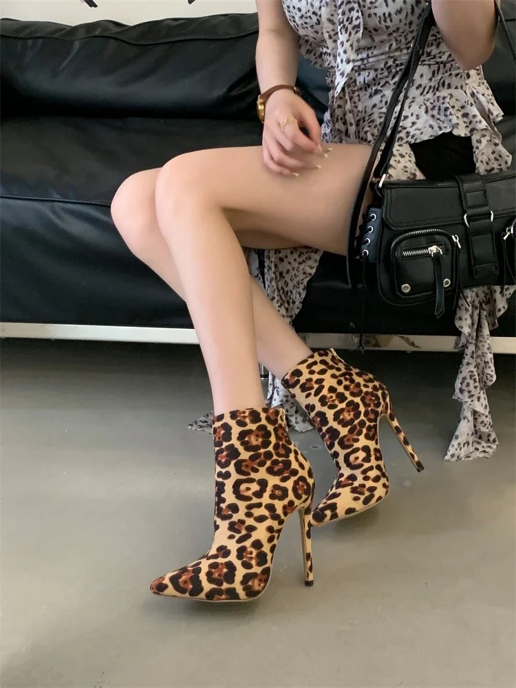 Elegant Leopard Print Pointed Toe Ankle Zipper Thin High Heels Boots